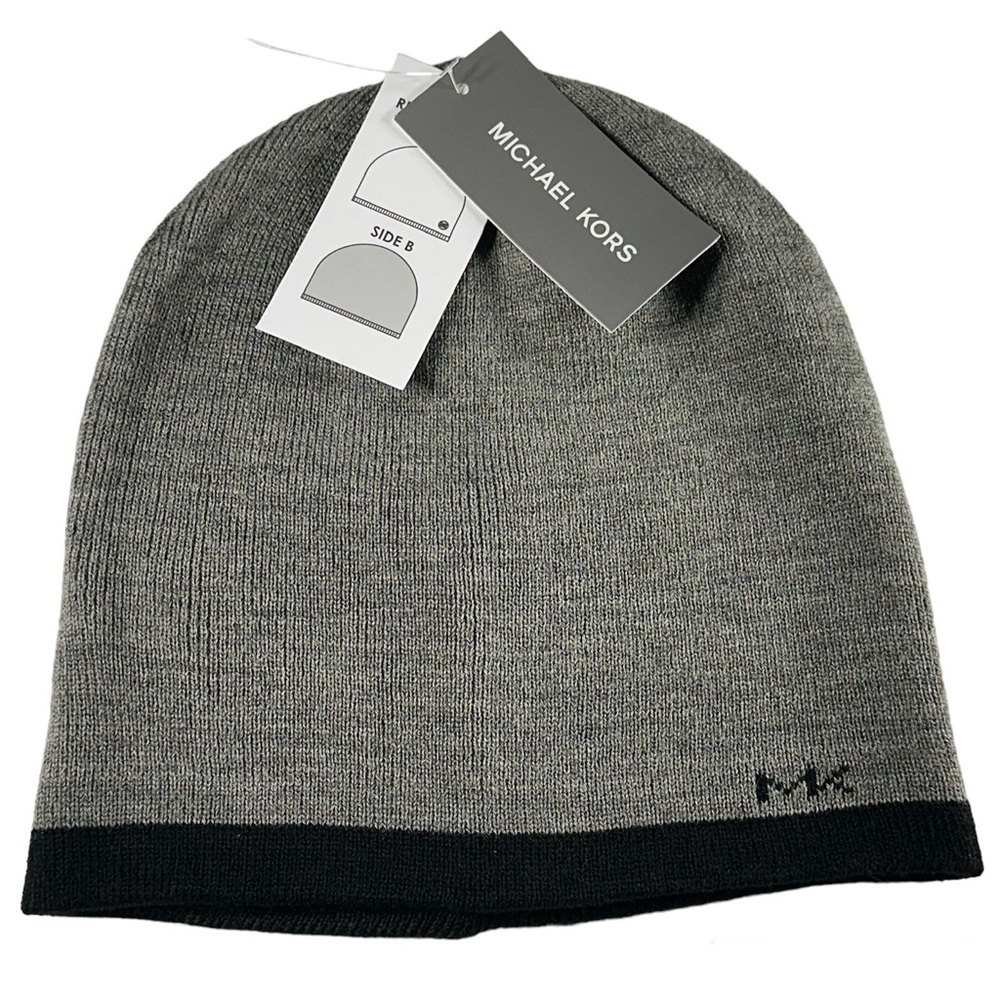 Michael Kors Men’s Beanie Winter Hat Reversible Black And Gray 34012C New NWT